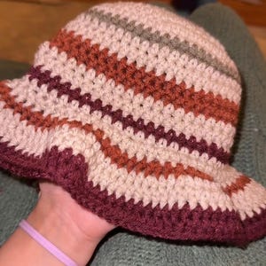 Handmade Striped Crochet Bucket Hat – Earth Tone Retro Style, Soft & Stretchy