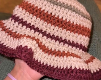 Handmade Striped Crochet Bucket Hat – Earth Tone Retro Style, Soft & Stretchy