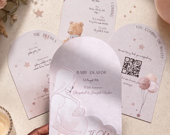 Inbjudan till babyshower med båge, personlig lagerinbjudan med präglad magesilhuett, brevpapper i guldfolie med blushmotiv