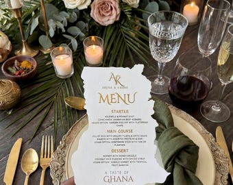Ghananska bröllopsmenykort, personliga Kente traditionella förlovningsbrevpapper i Ghana-format, guldfoliedekor