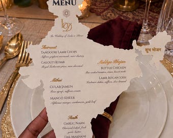 Indiska bröllopsmenykort, personliga Mehndi Sangeet-brevpapper i Indien-format, bordsdekorationer i guldfolie