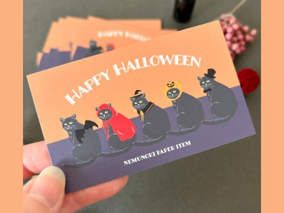 10 Sheets Japanese Halloween Black Cat Mini Card Set | Cute Costume Cat ...