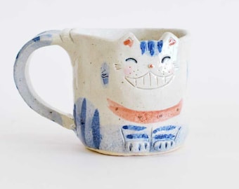 Caneca japonesa feita à mão de gato Nittari com orelhas – Caneca de cerâmica japonesa Mino Ware, Caneca japonesa Lucky Cat, Caneca japonesa Maneki Neko Cat