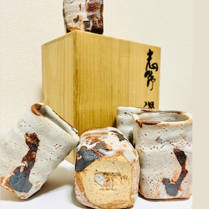 Japanese Handmade Minoyaki Sake Cup Set,Vintage Japanese Sake Cup Set,Elegant sake Cup Set With Wooden Box,Vintage Japanese Ceramic yaki