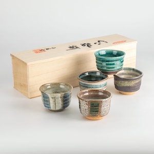Handmade Japanese Sake Cup Set of 5 | Mino Ware Pottery in Wooden Box | Gifu Japan Gift,Wedding, Housewarming, Holiday Present,Japanese Gift