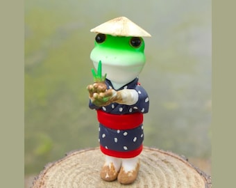 Rana Espíritu de los Arrozales, hecha a mano en Japón – Figura de resina artesanal / Estilo tradicional japonés de doncella / Muñeca artística con mensaje ecológico