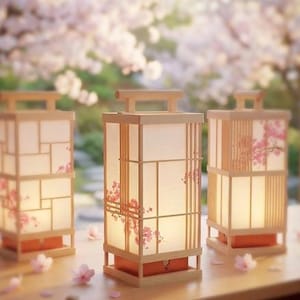 Puede incluir: Tres faroles de estilo japonés con marcos de madera y paneles de papel. Los faroles tienen un diseño rectangular con un asa y están decorados con motivos de flores de cerezo rosas. Los faroles están iluminados desde dentro, creando un brillo cálido.