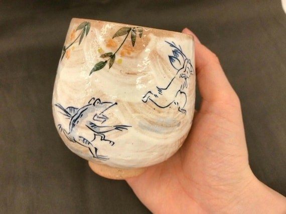 Japanese Handmade Ceramic Tea Cup,Kyoto Choju Jinbutsu Giga Rabbit & Frog,Japanese Style Espresso Cup,Minimalistic Small Cup ,JapaneseTeaCup