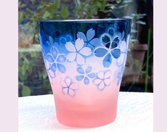 Japanese Handmade Sakura Overlay Glass Cup | Blue & Pale Pink Edo Kiriko Style | 200ml | Cherry Blossom Sandblasted Glass | Sakura 2025
