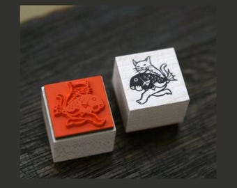 Cat with Fish Rubber Stamp | Japanese Cute Wood Stamp | Kawaii Cat Stationery Stamp | Handmade Maple Rubber Stamp for Letters & Journals