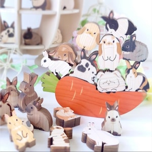 Japansk Kawaii Usatsumu Fickformat Träkanin | 16 Bedårande Kanindesigner | Stapelbar Leksak Present till Kaninälskare, Träkanin Present