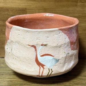 Japanese Handmade Minoyaki Raku-iri Kiln Raku-yaki Tea Bowl  Red Raku Crane Chosei-tsuru,Japanese Tea Cup,Japanese Sake Cup,JapaneseVintage