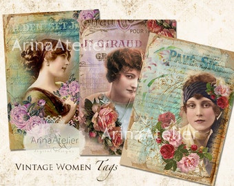 Vintage Women Tags - ATC Cards 2,3 x 3,5 - Digital Download Sheet - Digital Collage Sheet