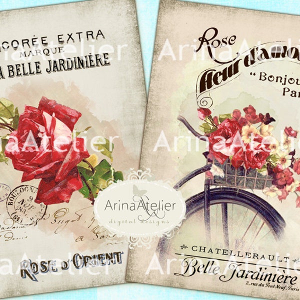 La Belle Jardiniere Cards - Shabby chic Cards - Large Images - Backgrounds - 5x7 inch - Digital Print - Ephemera Sheet - to print on- Tote