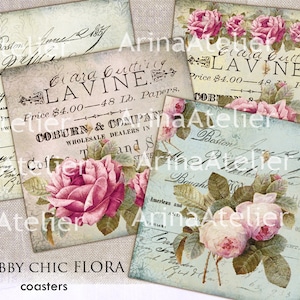 Shabby chic Flora - coaster - 4 x 4 pulgadas - conjunto de 4 tarjetas - Hoja de descarga digital - Etiquetas digitales - Imprimible digital - Hoja de collage