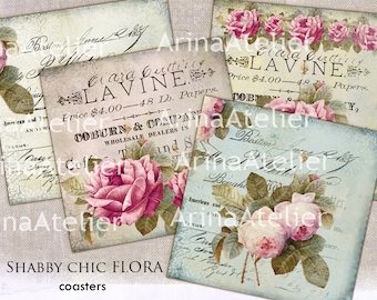 Shabby chic Flora - coaster - 4 x 4 inch - set of 4 cards - Digital Download Sheet - Digital tags - Digital printable - Collage sheet