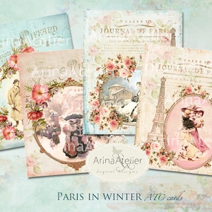 París en invierno - Tarjetas ATC - Tarjetas de Navidad - Etiquetas digitales - Hoja de descarga digital - Tarjetas shabby chic