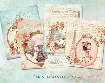 Paris in Winter - ATC Cards - Christmas Cards - Digital Tags - Digital Download Sheet - Shabby chic cards