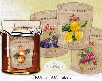 Fruits Jam Vintage LABELS - Collage Jam Labels - handmade labels - Digital Labels - digital collage sheet - tags, scrapbooking