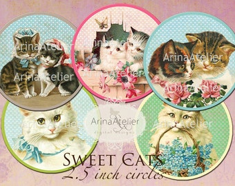 CIRCLES Sweet CATS 2.5 inch - digital collage circles - Digital Tags - Digital Stickers - Digital Circles - Scrapbooking - Digital Collage