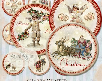 Shabby Winter Circles 2,5 inch - Stickers circles- 2,5 inch Christmas Stickers - Christmas - Vintage Christmas Tags - Digital collage sheet