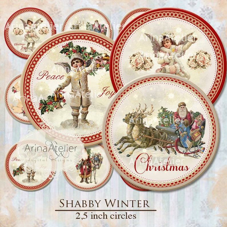 Shabby Winter Circles 2,5 inch Stickers circles 2,5 inch Christmas Stickers Christmas Vintage Christmas Tags Digital collage sheet image 1