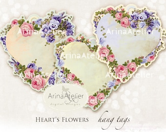 Heart's Flowers HangTags - digital collage sheet - 3,3x3,3 Hang Tags - Victorian Hearts - Digital Download