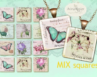 Shabby Chic Square tiles - ephemera - 2x2 Inch Scrabble tile Pendants, Magnets, Scrapbooking, and More...
