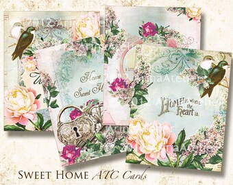 Vintage Sweet Home ATC Cards - Digital Tags - Digital Download Sheet - Shabby chic cards