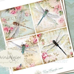 Coasters Vintage Dragonflies 4 x 4 inch cards Digital Download Sheet Digital tags Digital printable Collage sheet Magnets image 2