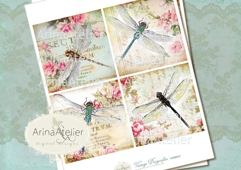 Coasters Vintage Dragonflies 4 x 4 inch cards Digital Download Sheet Digital tags Digital printable Collage sheet Magnets image 2