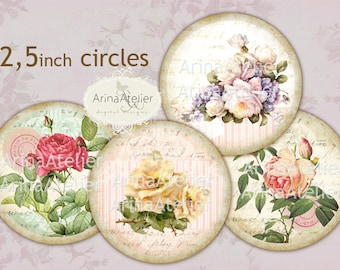 Shabby Roses Parfume Circle micro slides - 2,5 inch circles - digital collage sheet - pocket mirrors, tags, scrapbooking, cupcake toppers