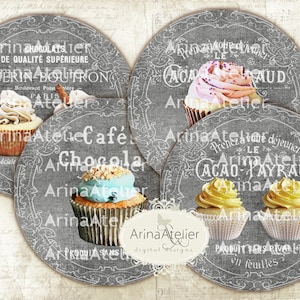 French Chocolat Cupcakes Circles - 2.5 inches - Shabby chic - digital collage sheet - pocket mirrors, tags, scrapbooking, cupcake toppers