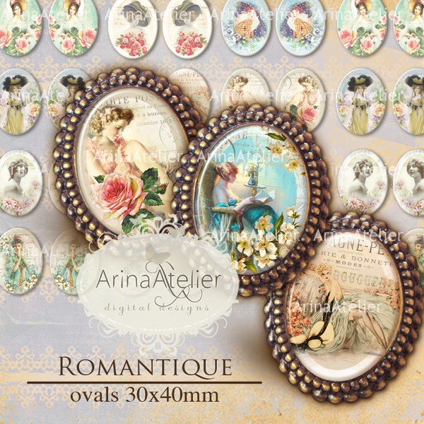 Romantique ovalen 30x40mm - ovale Micro Slides - digitale Collage Sheet - ovalen 40 x 30 mm - afdrukbare download - Hangers, juwelen Collage