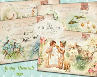 TAGS Spring Moments - Shabby chic Spring Tags - Digital Collage Tags - Vintage Digital Images - Scrapbooking Tags - Old Digital Images - Tag