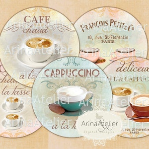 Shabby Cafe and Cappuccino Circles - Circles Micro slides - 2.5 inches - digital collage sheet - pocket mirrors, tags, scrapbooking, cupcake
