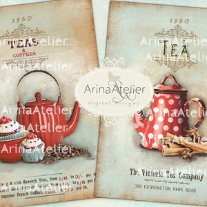 CARDS Shabby Chic TEA - collage cards - collage kitchen decor - illustrations - digital collage sheet - shabby chic tea - tea cups - tea pot