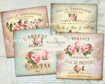 Sweet Shabby Flowers coasters - 4 x 4 inch - set of 4 cards - Digital Download Sheet - Digital tags