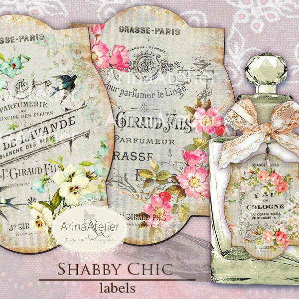 Les étiquettes Shabby Chic - parfum - étiquettes de pharmacie - Vintage Tag parfum - Collage numérique étiquettes - COLLAGE français Étiquettes - Fiches imprimables