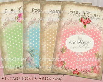 CARDS Vintage Post Cards - 3.5 x 4.9 inch, set of 4 cards, Shabby Chic Digital Cards - Scrapbooking, Digital Tag, Digital Collage Post Cards