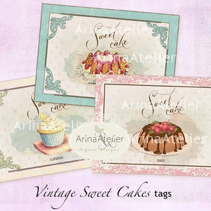 Vintage zoete taarten Tags - ATC Cards - Set van 8 - Collage blad downloaden - digitale Cupcakes - Franse Patisserie - gebak Tags - Prinatbles