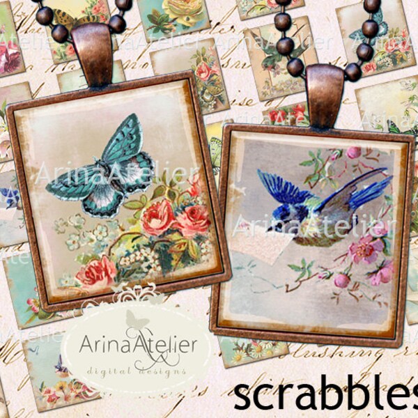 SCRABBLE Shabby Flowers, Birds and Butterflies - Digital Collage - Scrabble image size - Digital pendants - scrapbooking Digital Download