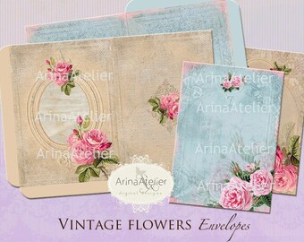 ENVELOPES & CARDS Vintage Flowers - digital collage cards - wedding invites - invites - digital collage backgrounds - shabby chic cards