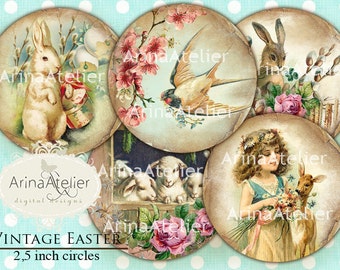 Vintage Easter CIRCLES 2,5 inch - digital circles -Shabby chic CIRCLES - Digital Easter Collage - pocket mirror, tags, scrapbooking, supply