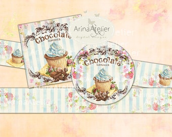 Labels Shabby Chic Chocolate Cupcakes - Set of 2 Printable Sheet - digital Labels - digital Tags - Collage Digital Cards