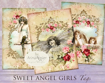 Tags Sweet Angel Girls - Digital ATC Cards - Tags - Download Collage Sheet - Printable Sheet - Vintage Collage Images