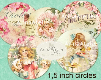 CIRCLES 1,5 inch Spring Bloom - Digital Collage Circles - Digital Circles - Pocket Mirrors, Tags, Scrapbooking, Pendants, Toppers, Digital