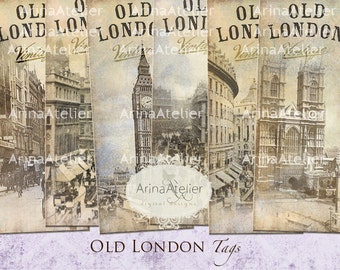 BOOKMARKS Old London - Digital Tags - Hang Tags - Vintage Collage - gift Tags, scrapbooking, mixed media, altered art - paper supplies - tag