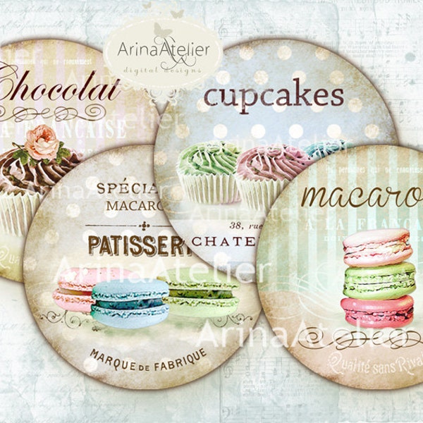 Diapositives Français Macarons et Cupcakes cercles Micro - 2,5 pouces - feuille de collage numérique - miroirs de poche, tags, scrapbooking, décorations à cupcake