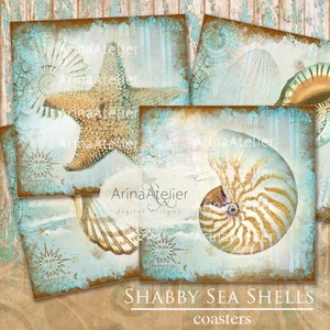 COASTERS Shabby Sea Shells - Digital Collage Coasters - Digital Maritime Tags - Nautical Images - Scrapbooking Backgrounds - Sea Beach Paper